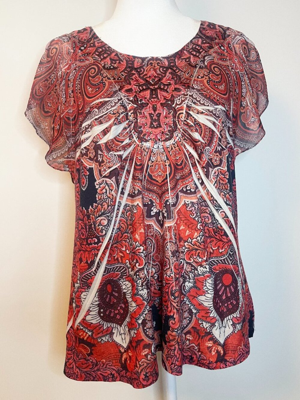 APT. 9 Paisley Embroidered Boho Flutter Sleeve Top Women’s L Whimsigoth Y2K
